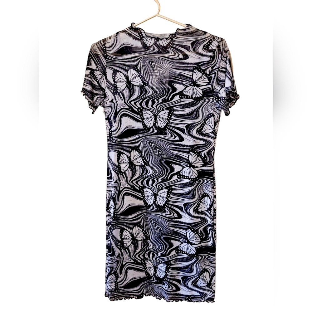 CAUTION TO THE WIND  Sheer Overlay Butterfly Print Dress